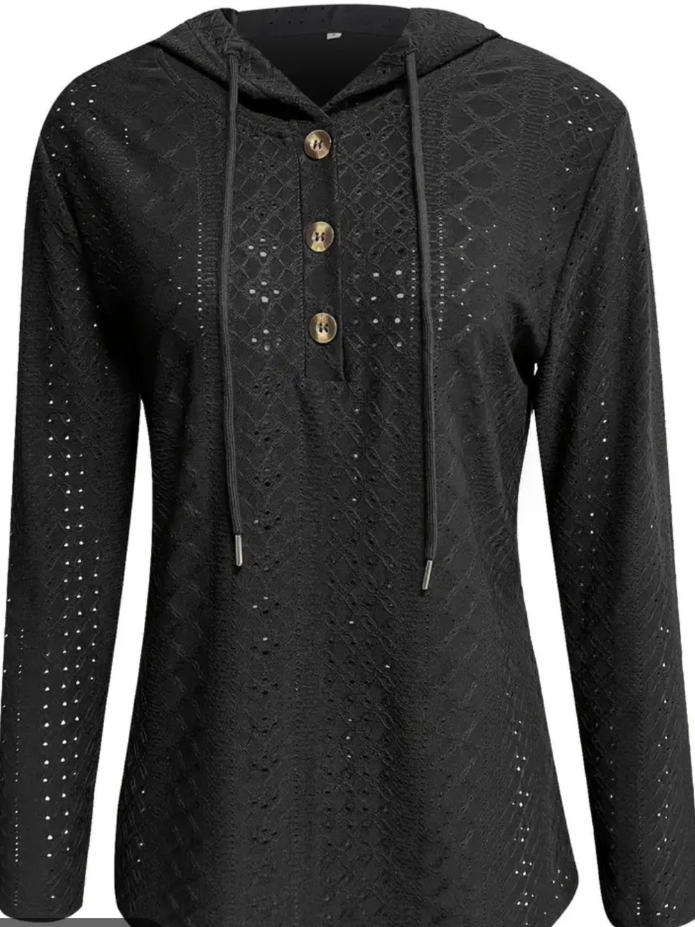 Black Embroidered eyelet pattern Hoodie w/1/4 Button Top Sz XL NWOT